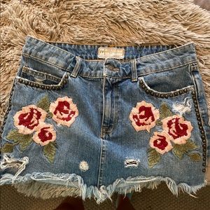 Free people, flower embroidered Jean skirt